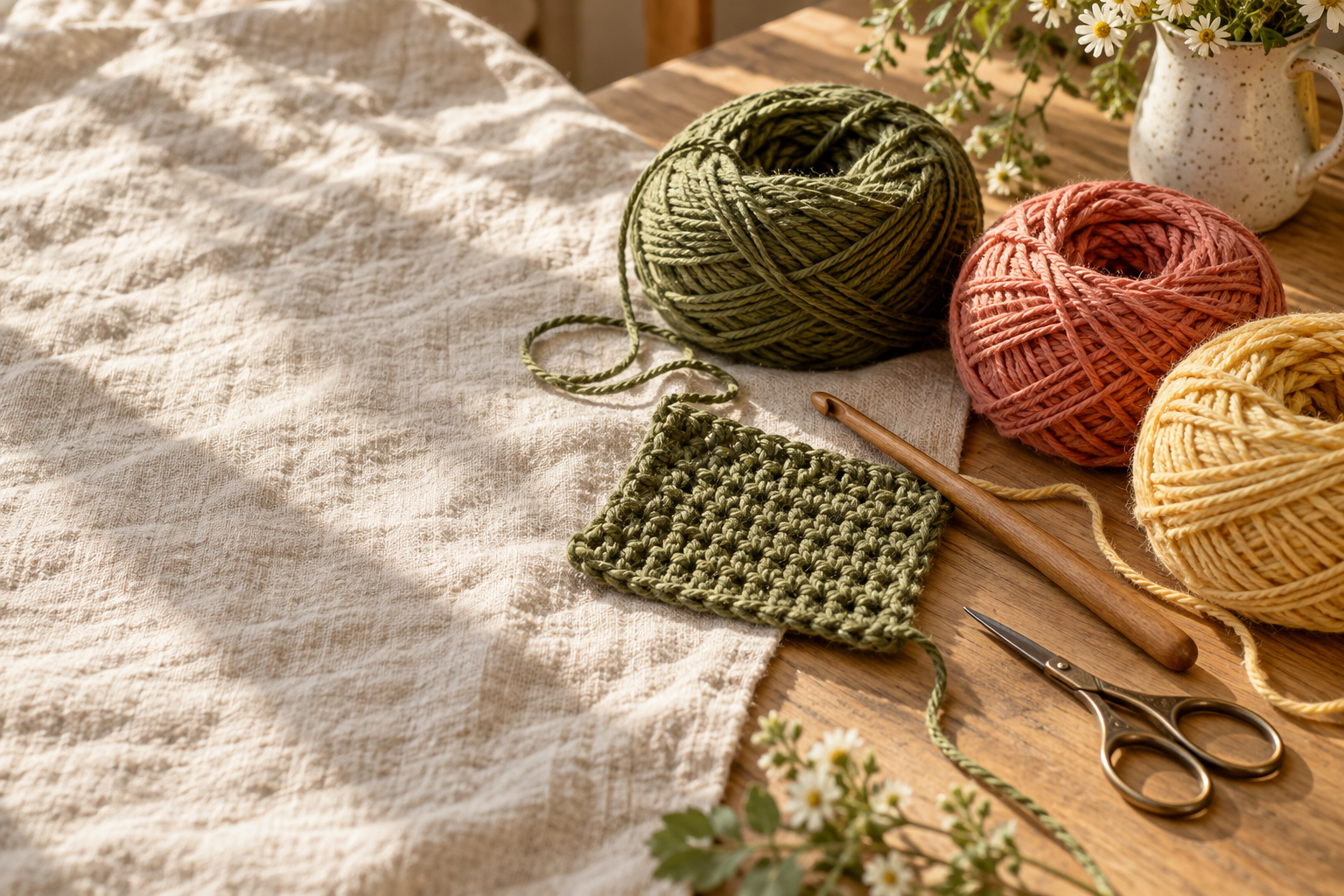 Olive, coral and yellow yarn on a sunlit linen craft table