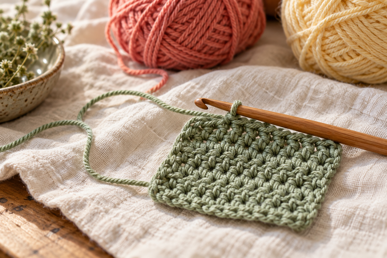 Sage crochet stitches with coral and yellow yarn on linen